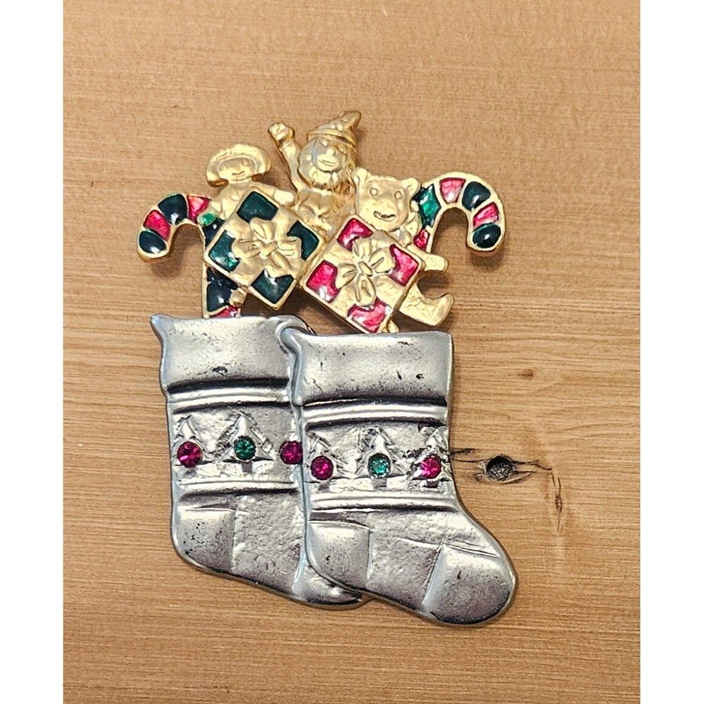 Vintage Christmas Brooch Holiday Stocking Gifts Santa Boot Rhinestone Pin